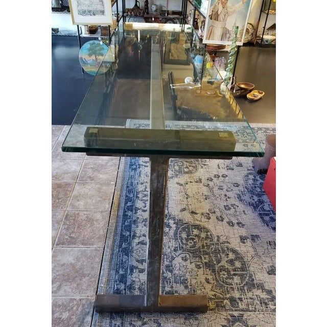 Contemporary Modern Style Brushed Steel Truss Base Glass Top Elongated Raised Rectangular Table (20th./21st Century) For Sale - Image 4 of 11