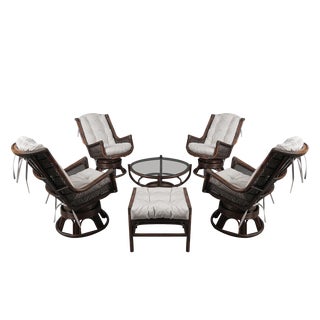 Rattan Rotating and Tiltable Armchairs, Stool & Coffee Table, Italy, 1960s, Set of 6 For Sale