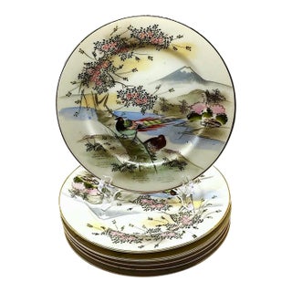 Antique Kutani Hand-Painted Plates With Pheasants and Mt. Fuji Landscape - Set of 5 For Sale