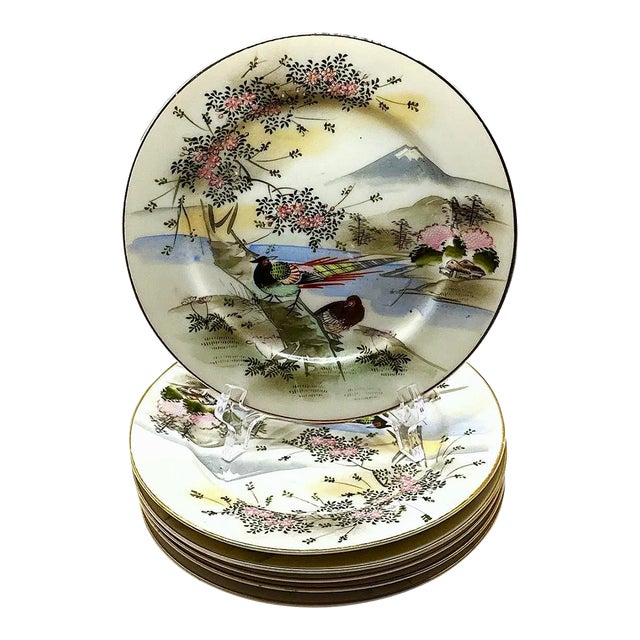 Antique Kutani Hand-Painted Plates With Pheasants and Mt. Fuji Landscape - Set of 5 For Sale