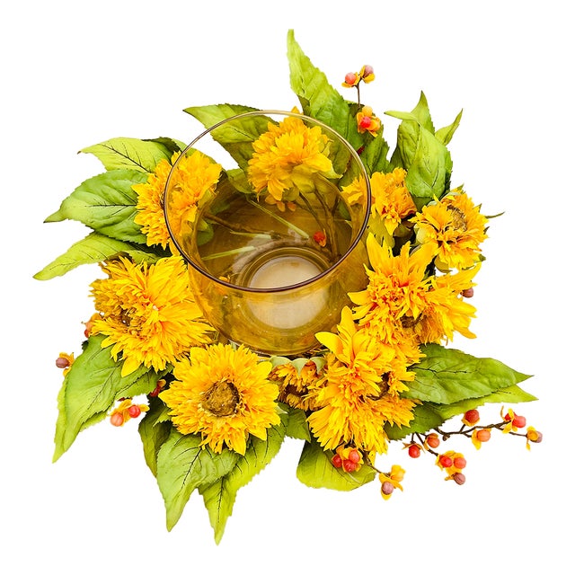Natural Looking Beautiful Golden Sunflower Candle Holder Silk Flower Arrangement For Sale