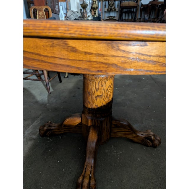 Vintage Oak Round Pedestal Dining Table With Claw Feet For Sale - Image 9 of 10