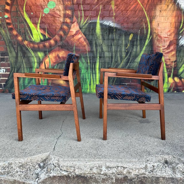Pair of Walnut Jens Risom Arm Chairs in Jack Lenor Larsen Fabric For Sale - Image 12 of 12