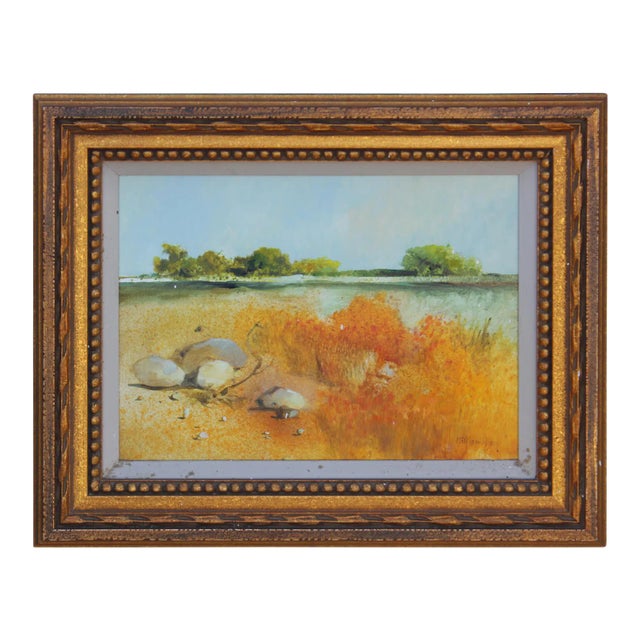 William Bill Hoey Serene Coastal Landscape Gouache Painting 1970s For Sale