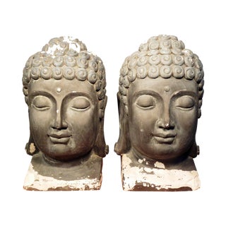 Large Matching Buddha Heads - A Pair For Sale