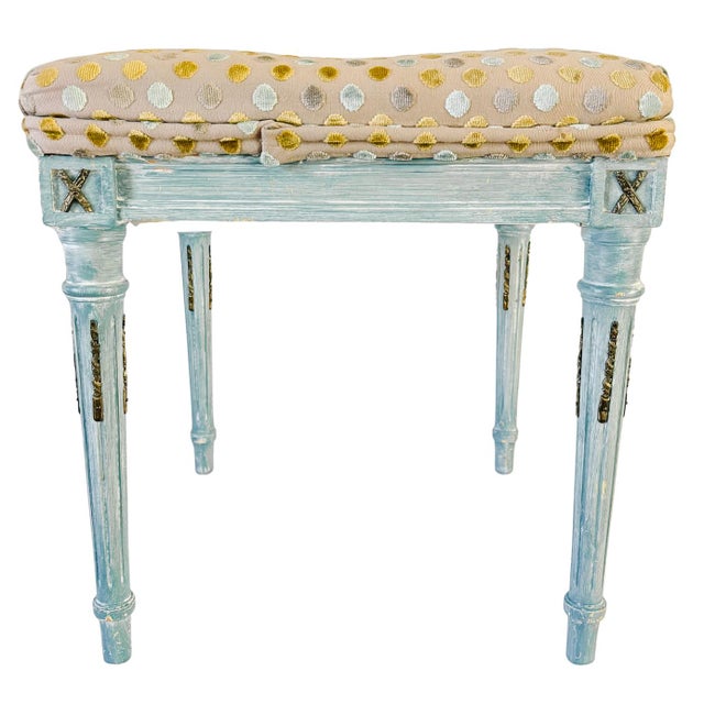 Blue Mid 20th Century French Louis XVI Style Blue Painted Footstools With Brass Accents & Polka Dot Cut Velvet - A Pair For Sale - Image 8 of 18