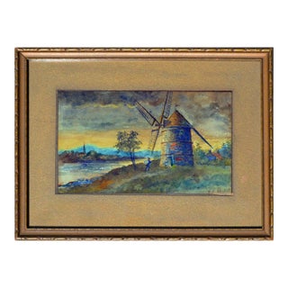 Antique Landscape Painting of Inlet and Windmill by William Walker Alexander For Sale