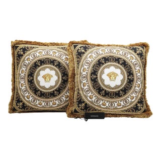Versace Home “I Love Baroque” Silk Cushions – Pair, Medusa Print, Made in Italy For Sale