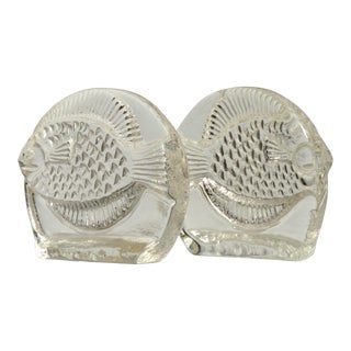 Blenko Block Glass Fish Bookends Mid Century Vintage - a Pair For Sale