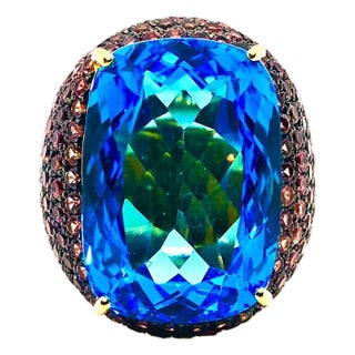Bochic “Orient” Vintage London Blue Topaz & Orange Sapphire Ring, 18K Gold & Silver For Sale