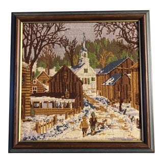 Original Vintage Hand Done Needlepoint Picture Village With Kids & Dog For Sale
