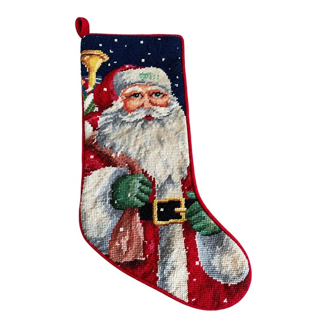 Vintage Handmade Needlepoint Santa Christmas Stocking Red Velvet 17" For Sale