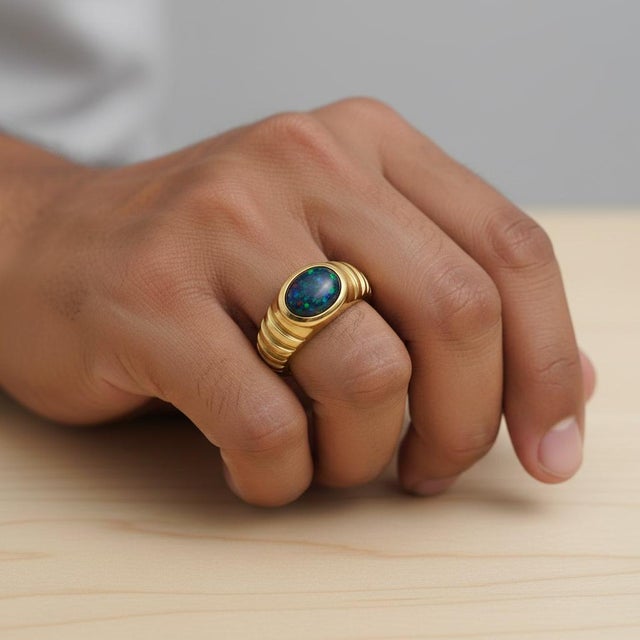 Not Yet Made - Made To Order Oval Bezel Black Opal Ring for Men Silver, Gold, Size 10 For Sale - Image 5 of 5