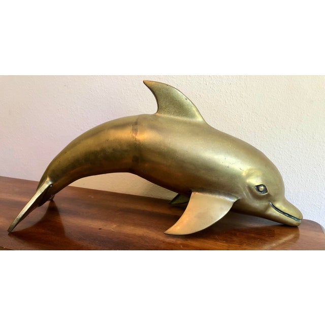 Mid-Century Modern Vintage Mid-Century Solid Brass 21-Inch Leaping Dolphin Sculpture For Sale - Image 3 of 12