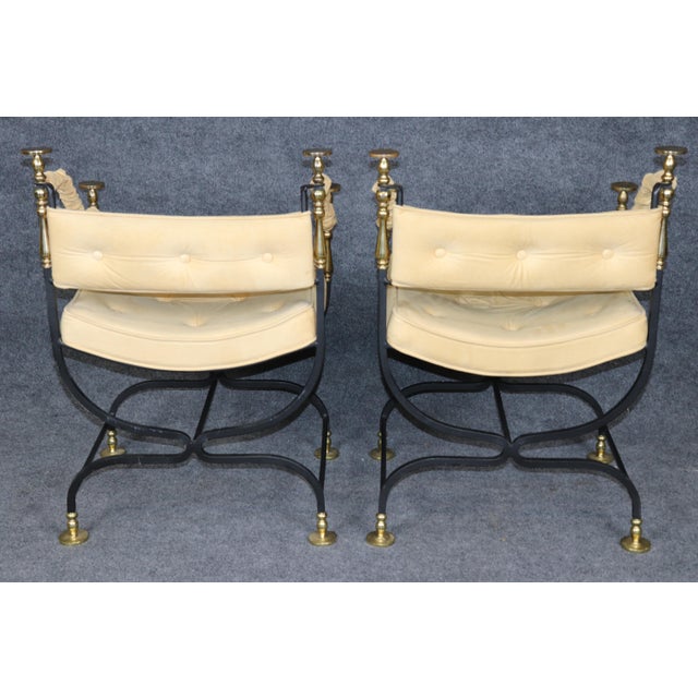 Italian 1940's Pair Italian Brass and Steel Jansen Style Savonarola Armchairs For Sale - Image 3 of 16