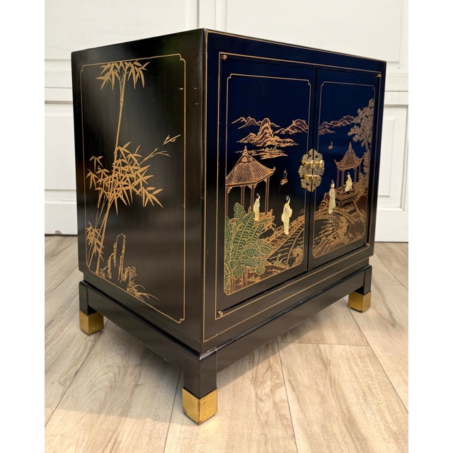 Vintage Chinoiserie Black Lacquer Nightstand Cabinet With Carved Stone Figures For Sale - Image 9 of 13
