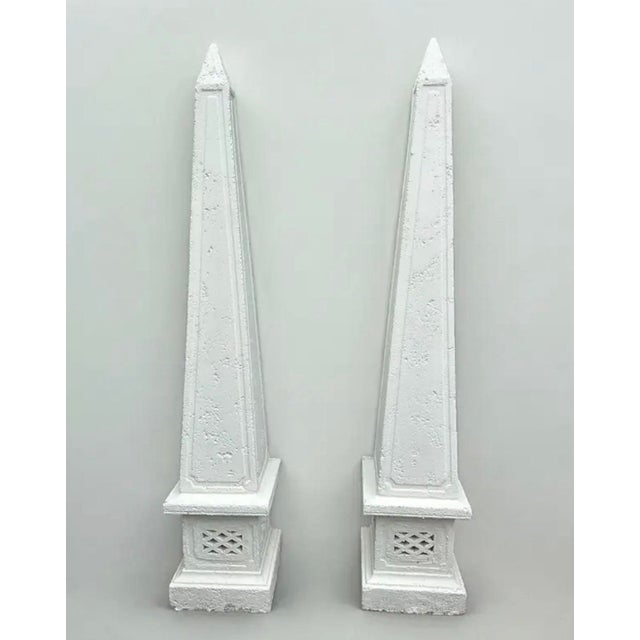 Traditional Pair of Grand Classical Cast Stone Garden Obelisks on Lattice Plinths For Sale - Image 3 of 11
