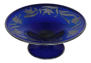 Art Nouveau Silver-Overlaid Cobalt Blue Glass Centerpiece