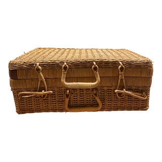 Late 20th Century Vintage Wicker Suitcase Storage or Picnic Basket For Sale