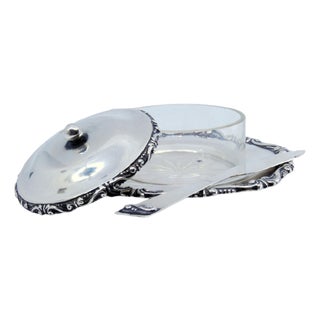 Butter Dish in Embossed Silver with Cut Glass Core, Knob Lid and Knife For Sale