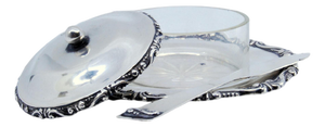 Butter Dish in Embossed Silver with Cut Glass Core, Knob Lid and Knife