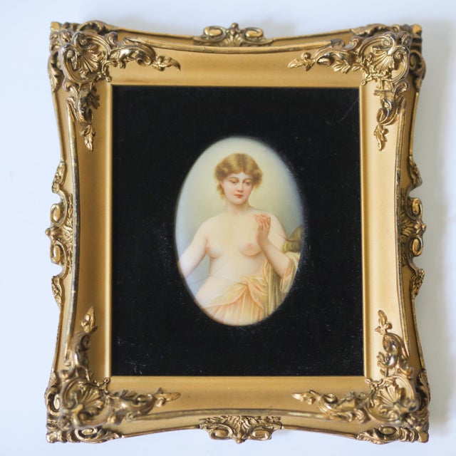 Antique Hand-Painted Porcelain Plaque of a Classical Female Nude in Gilt Frame For Sale - Image 4 of 5