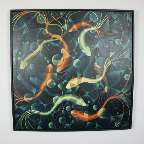 Swirling koi' a contemporary oil on canvas painting by vera jefferson depicting a stylised pond filled with swirling koi....