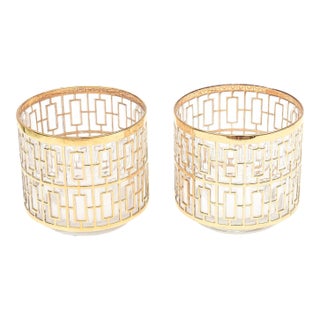Vintage Imperial Glass Ice Buckets With 22 Carat Gold Plated Trellis Shoji Greek Key Overlay Pair Of For Sale