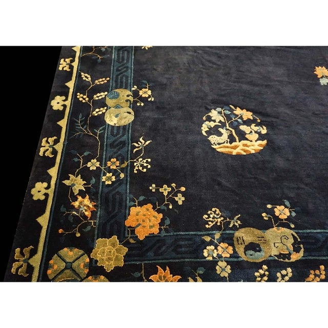 1920s Large Size 1920s Blue Navy Antique Chinese Bat and Reindeer Design Peking Rug For Sale - Image 5 of 9