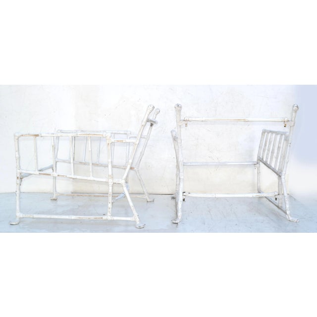 Large French Maison Jansen Steel Faux Bamboo Lounge Chairs Distressed Look Pair For Sale - Image 12 of 13