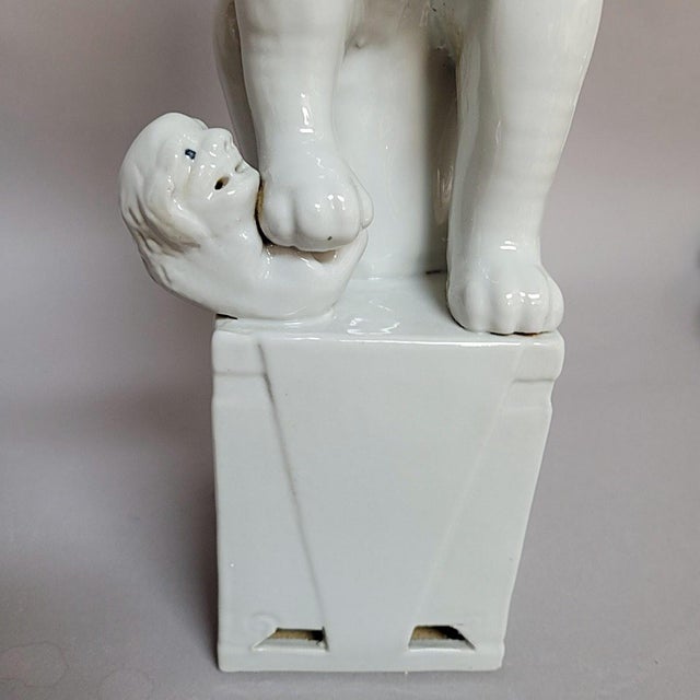 Ceramic Pair of Large Vintage Chinese Blanc De Chine Foo Dogs, Guardian Lions With Cub & Ball For Sale - Image 7 of 11