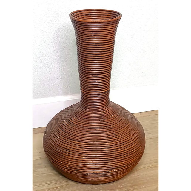 1970s Vintage 1970's Gabriella Crespi Style Pencil Reed Rattan Floor Vases Urns- A Pair For Sale - Image 5 of 14