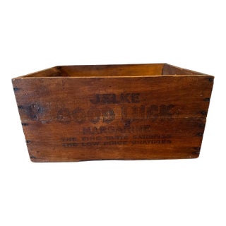 Antique Jelke "Good Luck" Margarine Advertising Wooden Crate – Primitive Country Store Box With Original Illinois Tax Labels For Sale