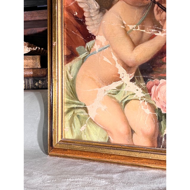 19th Century French Rococo Oil on Canvas Cherub Painting in Parcel Gilt Frame For Sale In Palm Springs - Image 6 of 12