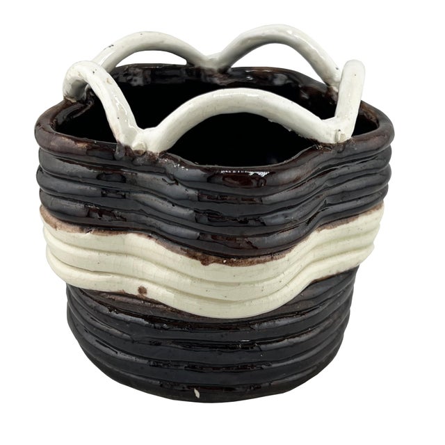 Vintage Studio Pottery Basket Form Bowl in Brown and Cream For Sale - Image 4 of 7