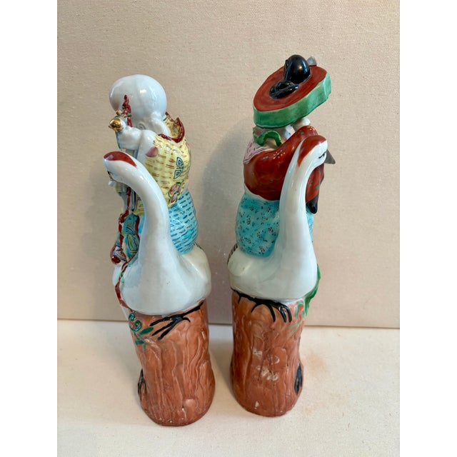 Ceramic Pair Antique Famille Rose Immortal Statues Qing Dynasty Shou Xing Magu For Sale - Image 7 of 8