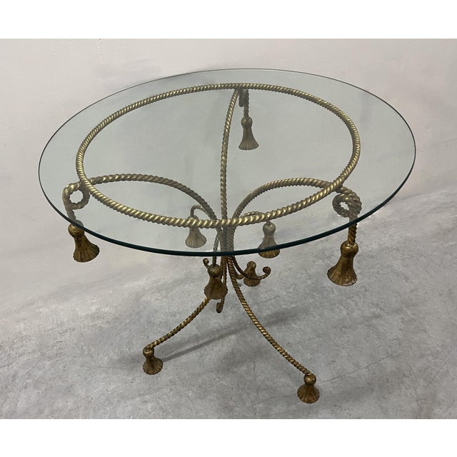 Hollywood Regency Gilt Metal Side Table W/ Glass Top, 1960s Rope & Tassel Design For Sale - Image 14 of 17