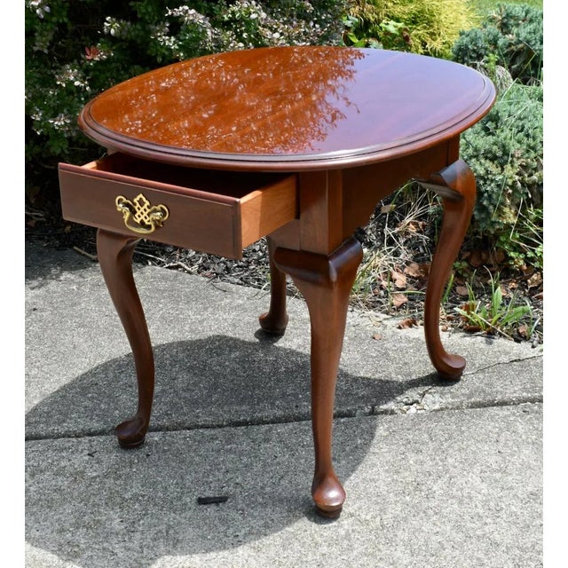 Wood Knob Creek Cherry Oval End Table Vintage Queen Anne Side Drawer 1980s Accent For Sale - Image 7 of 14