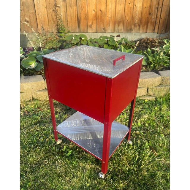 Vintage Red Steel Shop Cart With Hand-Ground Metal Surfaces For Sale - Image 16 of 16