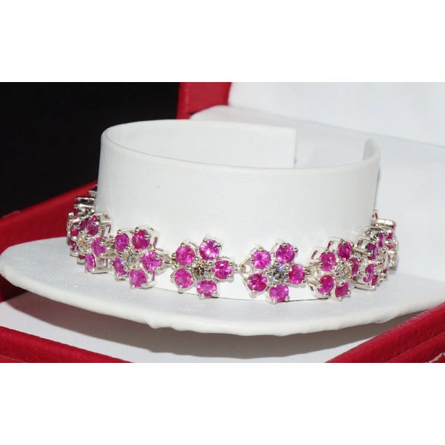 Certified Natural 18.6Ct VS F Diamond Ruby 18K Solid Gold Floral Tennis Bracelet For Sale - Image 9 of 10