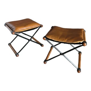 Pair of Iron and Oak Campaign Stools Attributed to Cleo Baldon for Terra, Ca. 1965 For Sale