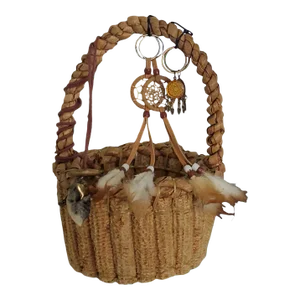 Late 20th Century Corn Cob Handled Basket With Feathers and Charms