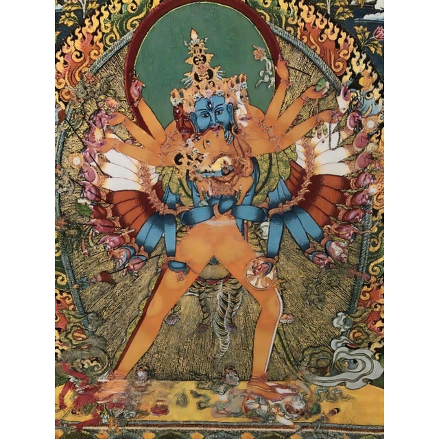 Xizang Embroidery and Brocade Thangka Buddha Painting - Wrathful Deity Protector Wall Art - Hand Painted Buddhist Sacred Scroll Mid 20th Century For Sale - Image 4 of 6