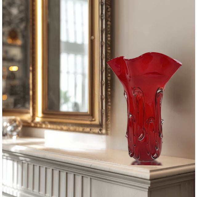 Vintage Fazzoletto Murano Textured Red Art Glass Vase For Sale - Image 11 of 14