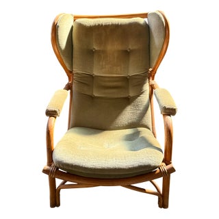 Rattan and Light Green Velvet Armchair, 1960s For Sale