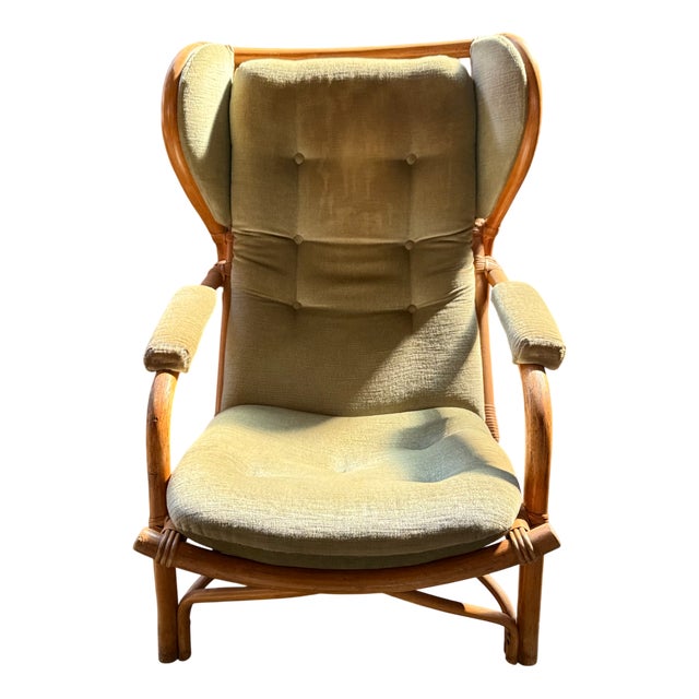 Rattan and Light Green Velvet Armchair, 1960s For Sale