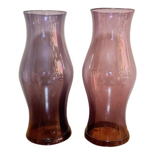 1970s Easter Table Scape Royal Leerdam Amethyst Purple Hurricane Shade Pair Large 17” For Sale