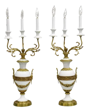 Antique French Louis XV Figural Bronze & Porcelain Candelabra Table Lamps - Pair