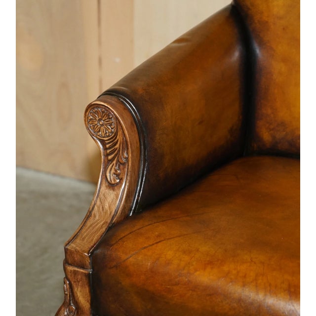 Pair of Antique Heavily Carved Hand Dyed Brown Leather Throne Armchairs For Sale - Image 17 of 18