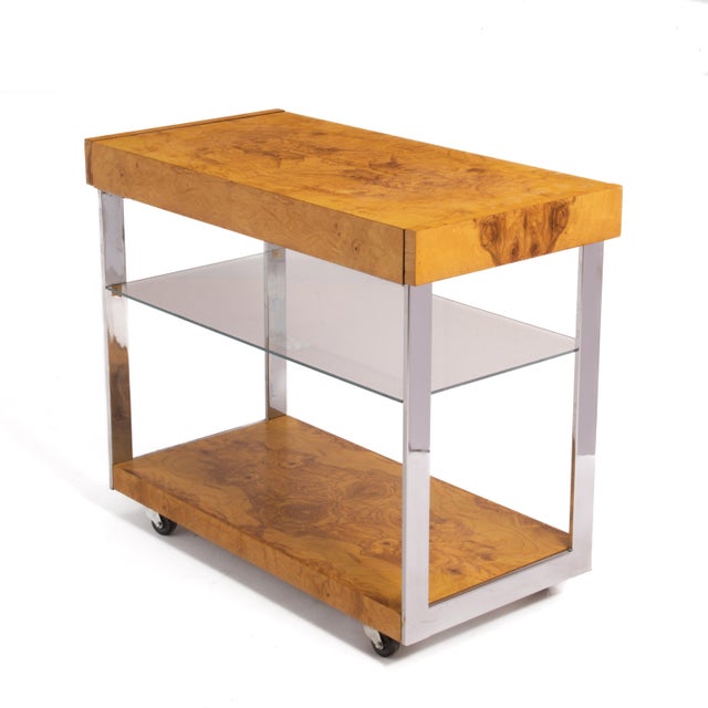 Lane Furniture Lane Olive Burl Bar Cart After Milo Baughman Roland Carter Mid Century For Sale - Image 4 of 18